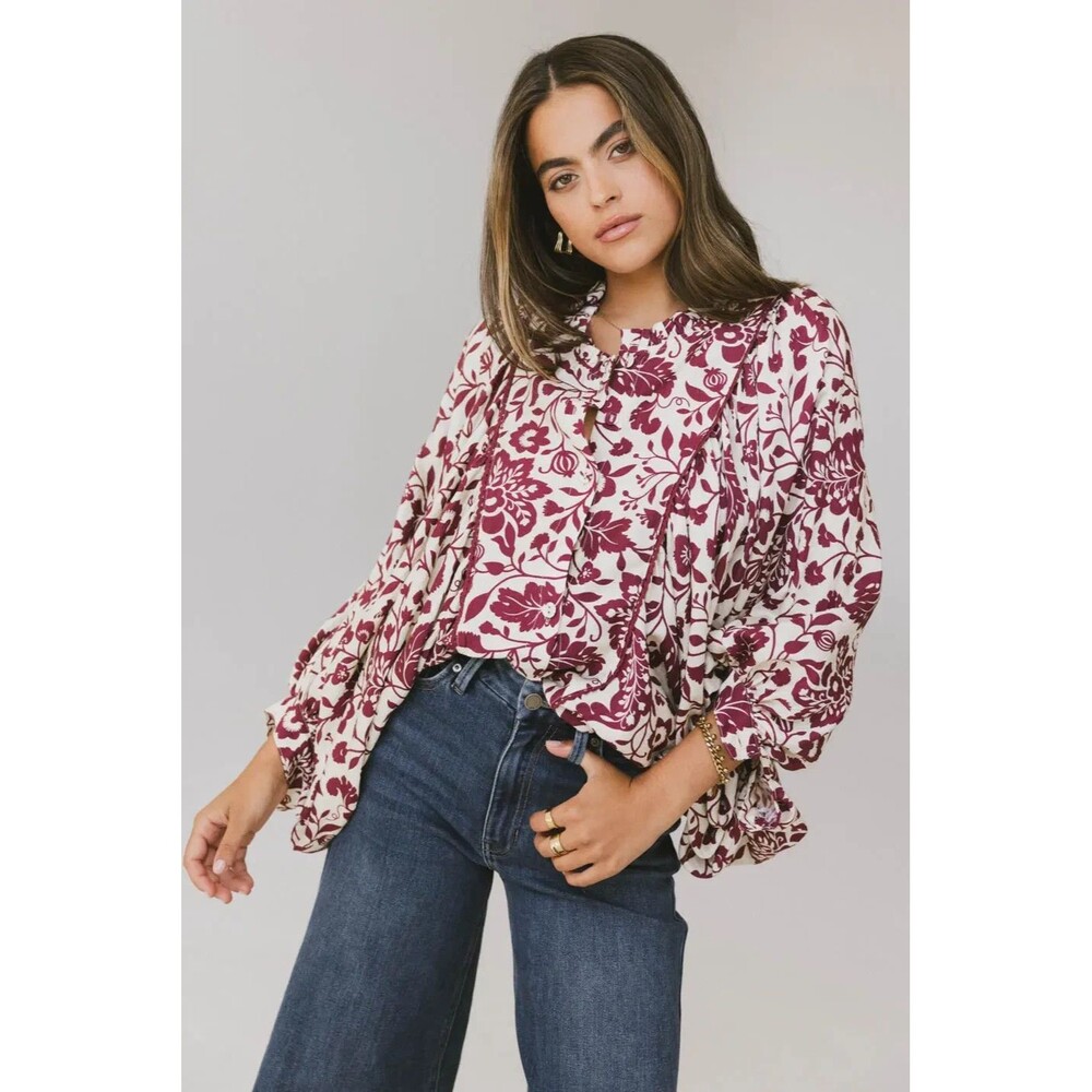 & Merci Womens Nona Dolman Sleeve Blouse in Floral Burgundy Size M Boho Romantic